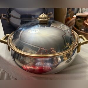 Polished Stainless Steel Serving Casserole with Gold-Tone Accents vintage